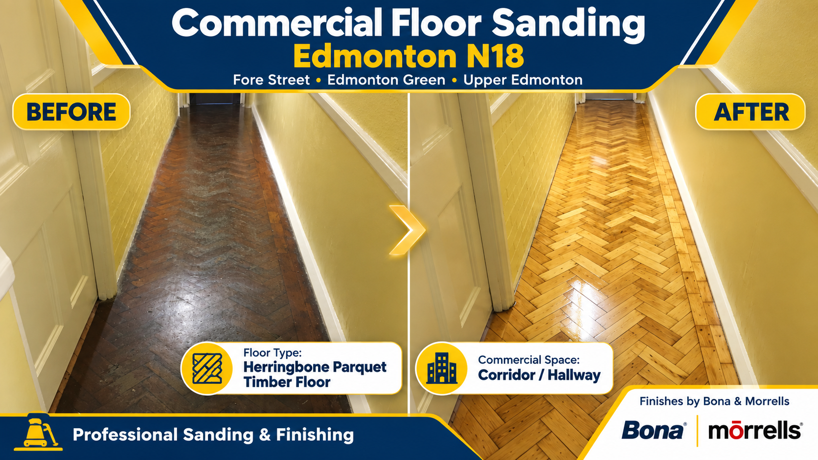 Before and after commercial floor sanding of a herringbone parquet corridor in Edmonton N18