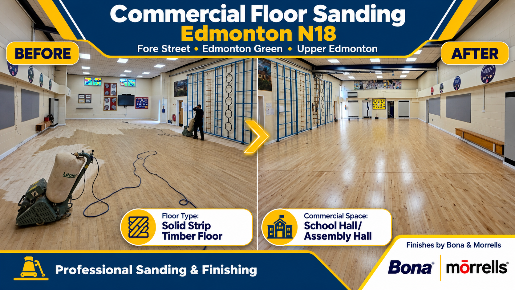 Before and after commercial floor sanding of a solid strip timber school hall floor in Edmonton N18