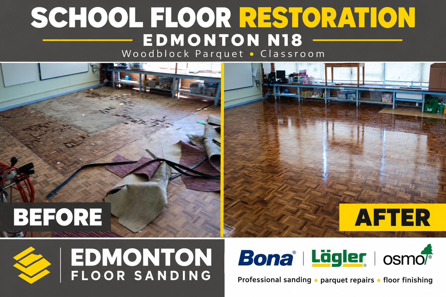 Before and after school floor sanding in Edmonton N18, comparing damaged classroom woodblock parquet flooring with a professionally restored, polished wooden floor.