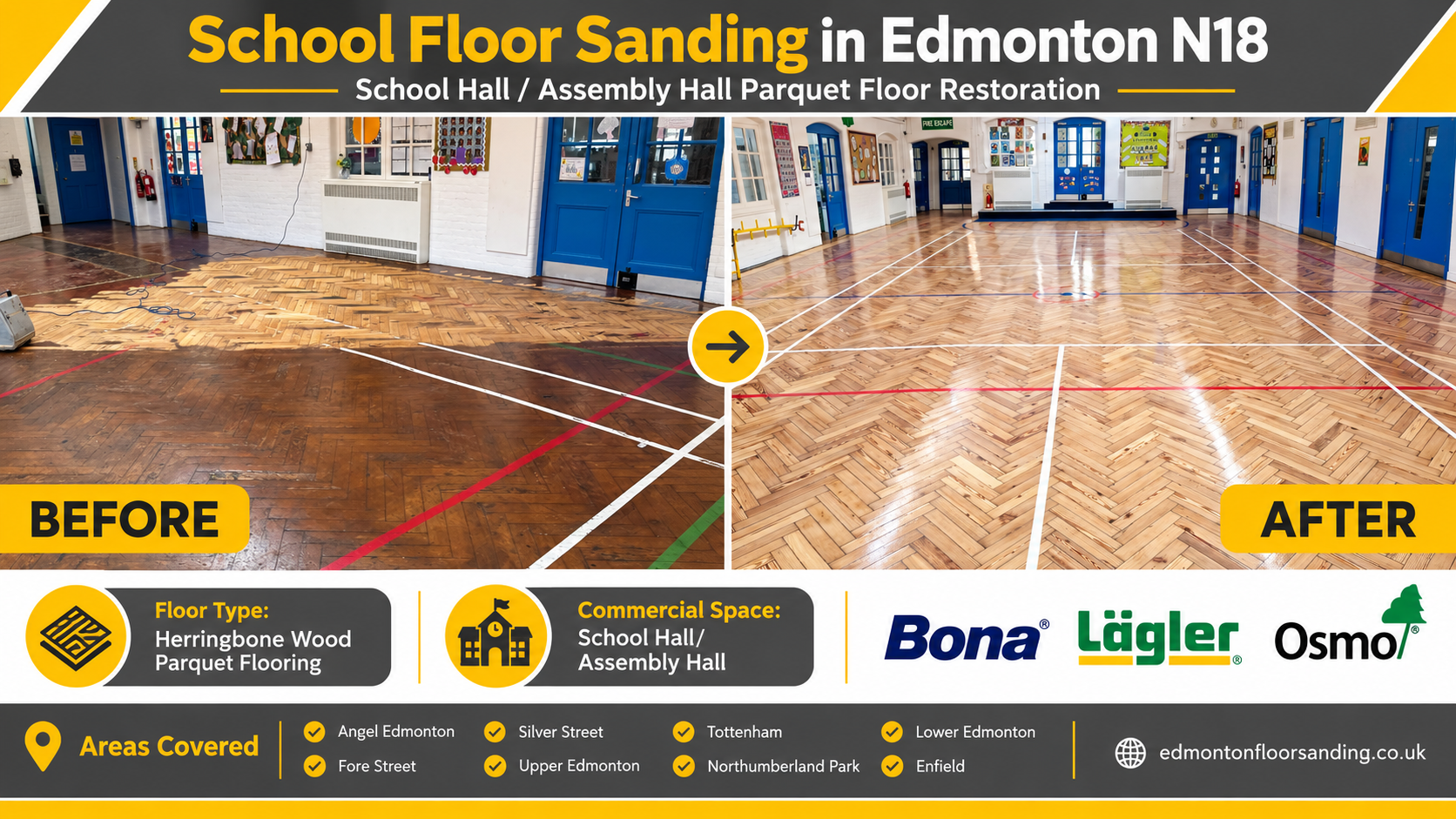 Before and after school floor sanding in Edmonton N18, comparing worn herringbone parquet flooring with a professionally restored school assembly hall floor, featuring Bona, Lägler and Osmo branding.
